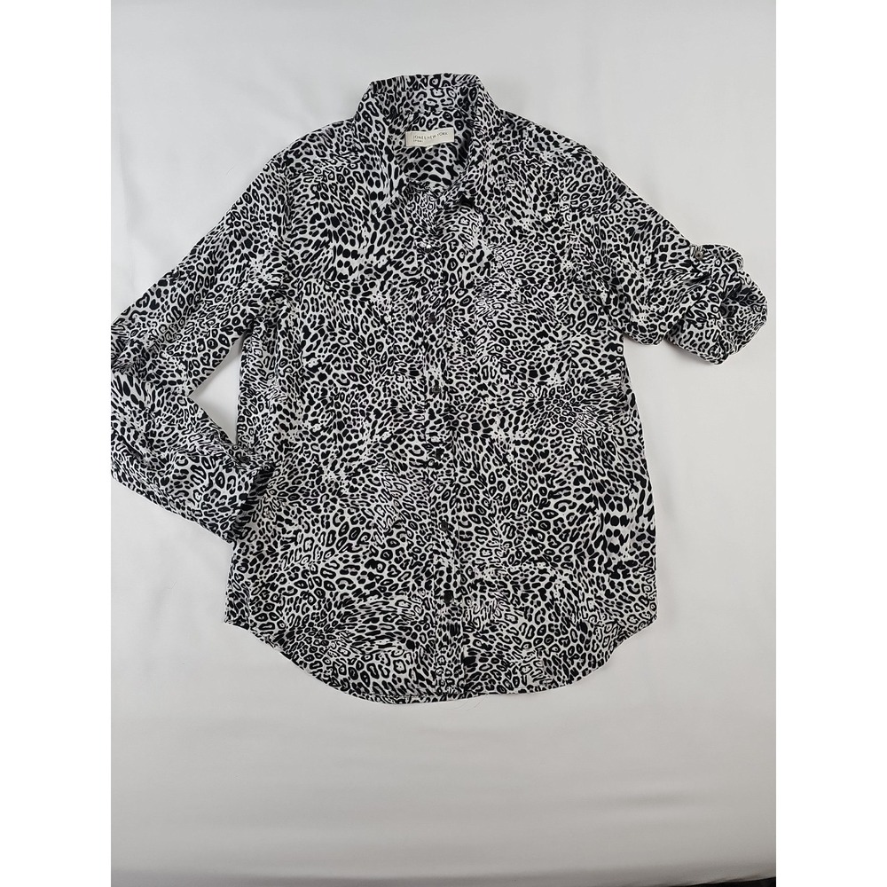 Jones New‎ York Animal Print Shirt Silky Black White Leopard Roll Sleeve Sz M